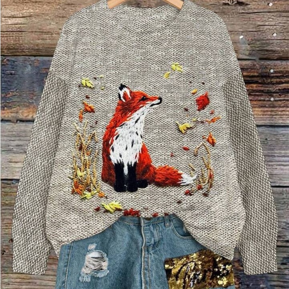 Fox Pattern Loose Pullover Sweater With Faux Embroidery Design